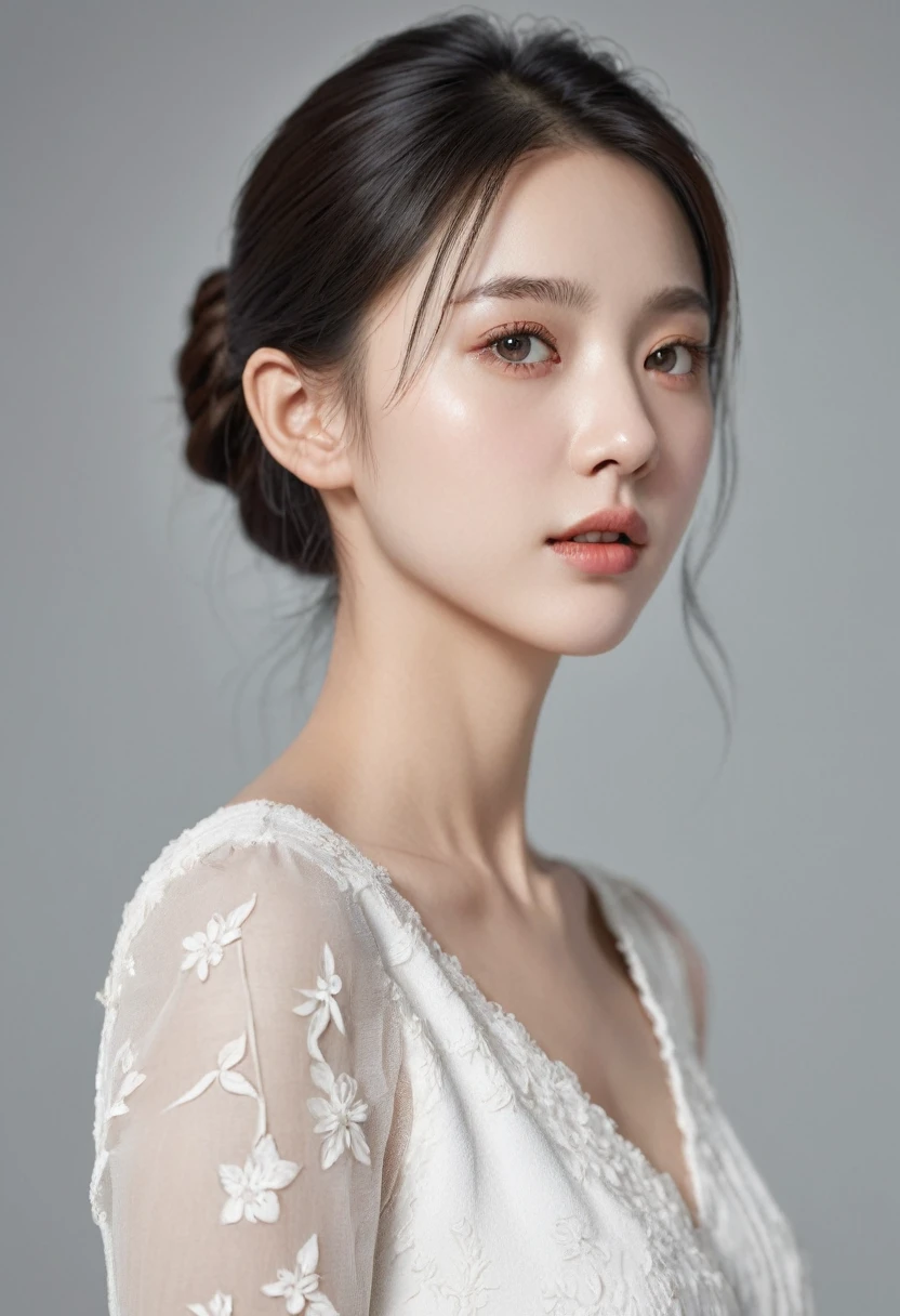 ((best quality, 8k )), Young and cute profile woman, realistic, side view, portrait, extremely realistic, very detailed, very detailed skin, high quality, white dress,very detailed skin, high quality, delicate eyes, double eyelid,