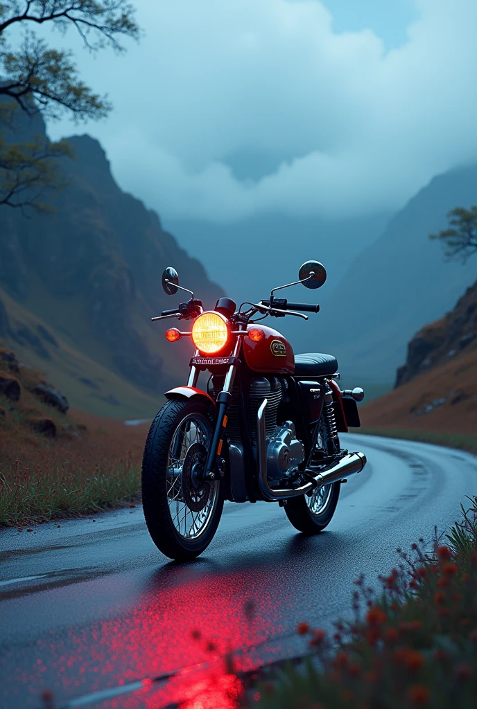 GT 650 royal Enfield
in hills with natural scenery and neon light effect and little cloudy wheather in winter season and some ice are on road