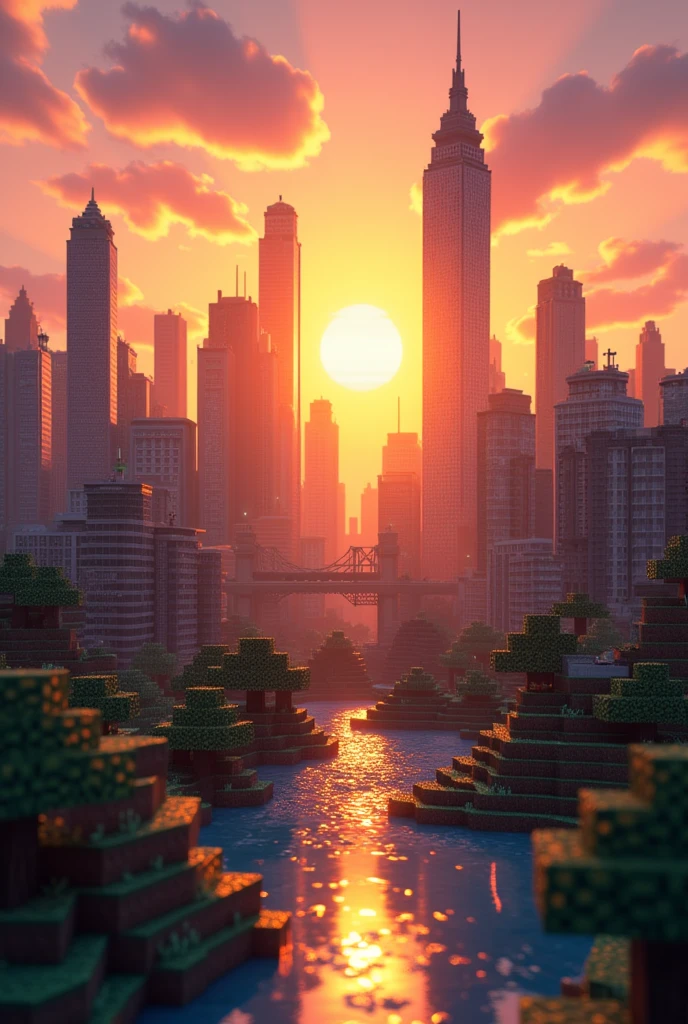 Beautiful cityscape at sunset in Minecraft style.
