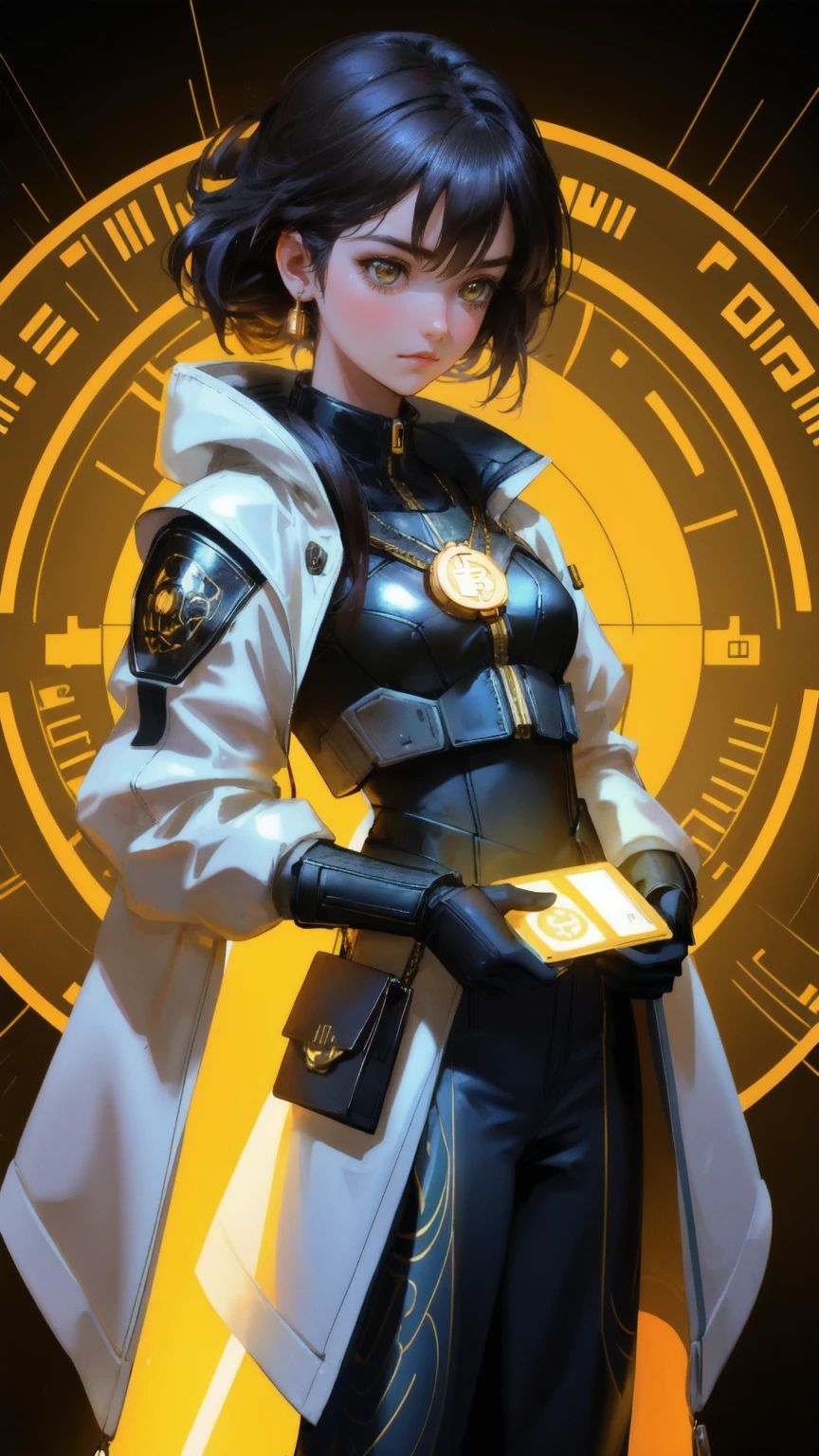 A striking visual of a beautiful girl in a futuristic sci-fi setting, surrounded by floating Bitcoins and digital symbols. She holds an ornate, glowing Bitcoin wallet in her hands, symbolizing 'Satoshi's Lost Wallet.' The scene is set against a radiant yellow background that highlights the metallic shine of her armor and the ethereal glow of the wallet. The girl’s expression is one of awe and determination as she gazes at the wallet, while the yellow backdrop adds a sense of warmth and importance to the treasure she has found.