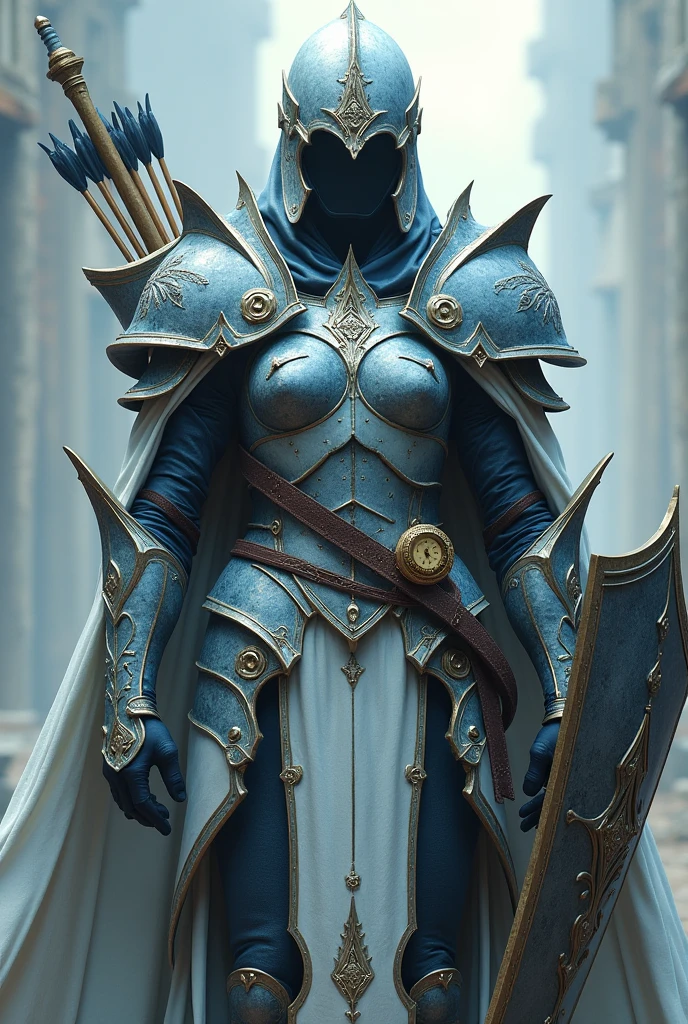 Personnage inspiré d'un seigneur de la balance avec une casque avec un symbole de la balance une armure avec des motifs bleu claire mélanger a du blanc avec des point noir avec un symbole de la balance déçu sont armure uj arc de métal argenté mélangé a du bleu est du blanc un sac a flèche deux bouclier qui sont sur s'est bras avec des motifs bleu claire avec du blanc mélangé a du noir avec le signe de la balance déçu un mélangé de blanc avec du bleu foncé est du noir avec une relique de la pendule déçu sont casque et un côté de combattant dangereux