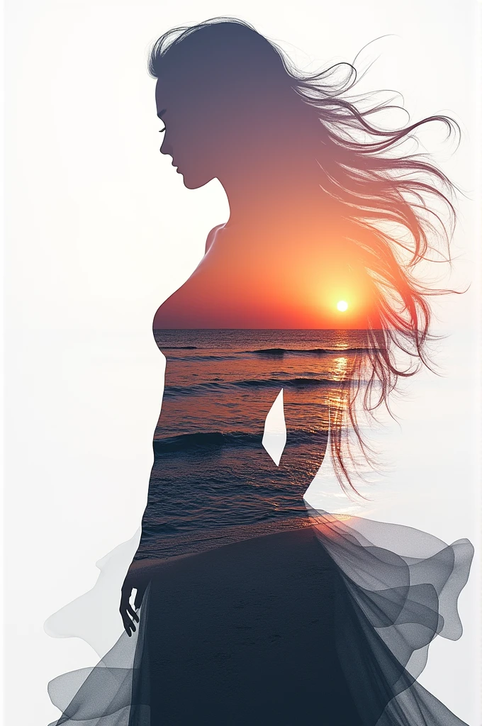 high quality, 8K Ultra HD, A beautiful double exposure that combines an goddess silhouette with sunset coast, sunset coast should serve as the underlying backdrop, with its details incorporated into the goddess , crisp lines, The background is monochrome, sharp focus, double exposure, by yukisakura, awesome full color,