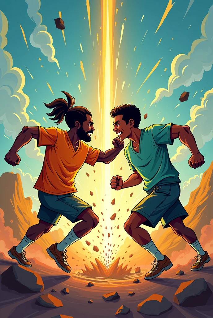A male cartoon with the color of Safaricom(a telecommunications company in kenyan) and a male carton with the color of starlink network logo fighting each other.