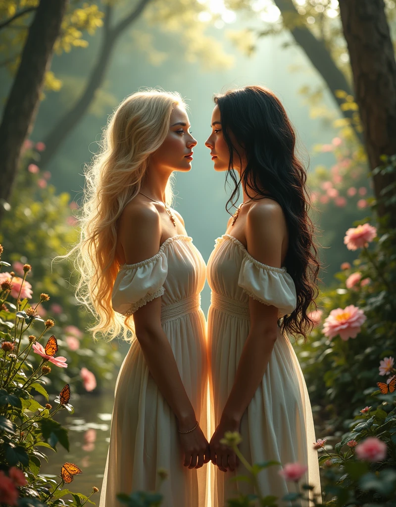 full body, long hair, one blonde and one dark hair young woman, in a photoshoot in the garden of Eden