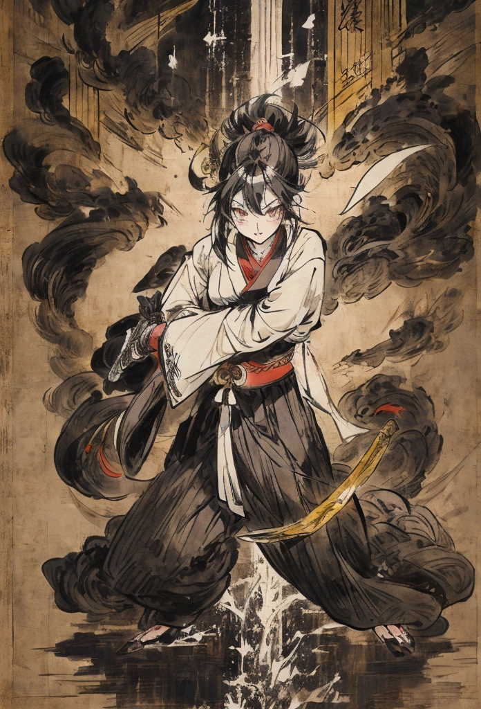 Character Design　Character Reference Sheet　Concept Character　black and white manga style　Taisho Romance　action　Japanese sword　man　Women　samurai　Slender full body