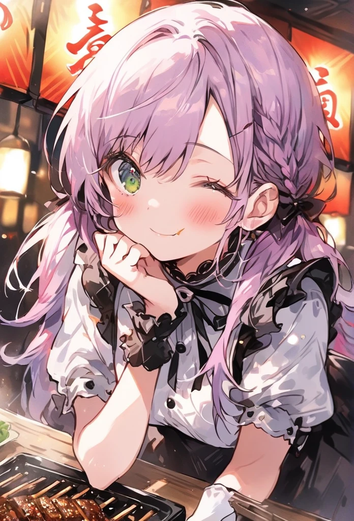 ((best quality, high resolution)), (delicate illustration), (vividcolor style illustration:0.9), (watercolor style illustration:0.4), ((beautiful:1.3)), 4k,
(((1 beautiful woman))), small breasts:0.7, dark green eyes, (blush), ((Black maid outfit, white knee-high socks,)), low-twintails Hair, pale purple hair,She puts her hands on her cheek,A girl is eating grilled meat with chopsticks, eyes closed, enjoying it.(((Yakiniku restaurant:1.3))), ((glance upward at viewer)), cowboy shot,