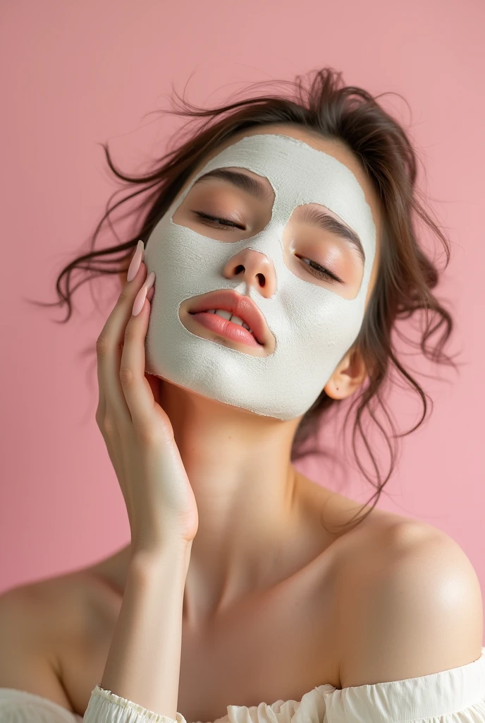 Creative and aesthetic Shoot with pink or white background of female model with props applied rice mud face mask. Use props in pictures