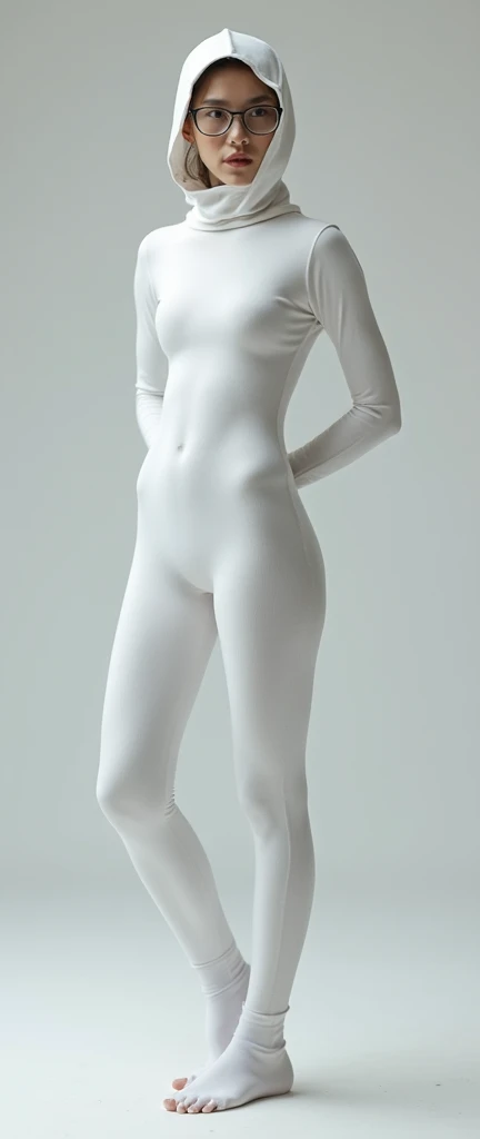 The beautiful and thinest chinese adult woman with glasses white pigeon animal lycra costume lycra elasticity turtleneck unitard catsuit.She always wear hijab-like zentai costume hood made of lycra elasticity.She performs when she is my contortionist.