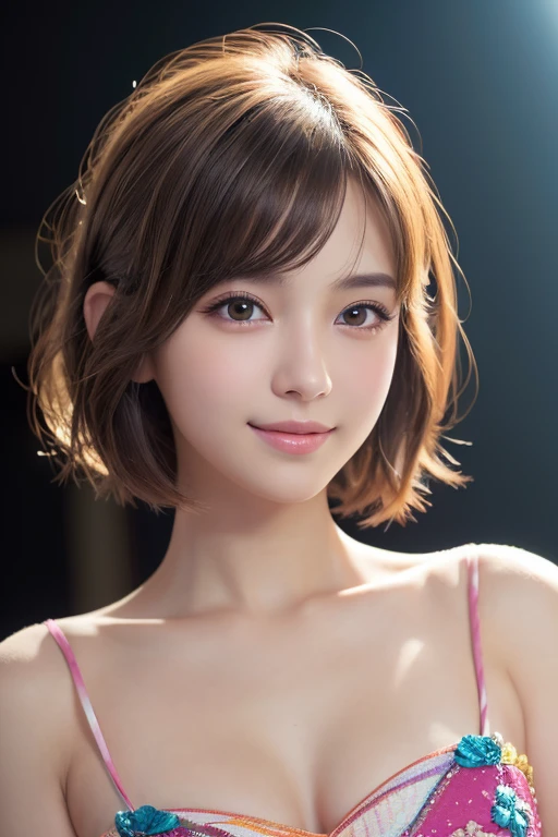 girl, (Wearing colorful stage costumes:1.2), Very beautiful Japanese idol portraits, Face close-up, (RAW Photos, highest quality), (Realistic, Realistic:1.4), (masterpiece), Very delicate and beautiful, Very detailed, 2k wallpaper, wonderful, finely, Very detailed CG Unity 8K wallpaper, Very detailed, High resolution, Soft Light, Beautiful detailed girl, Very detailedVery detailed eyes and face, Beautiful and sophisticated nose, Finely beautiful eyes, Cinema Lighting, (Simple light color background:1.3), (short hair), (Bob), Complete Anatomy, Slender body, Small breasts, smile