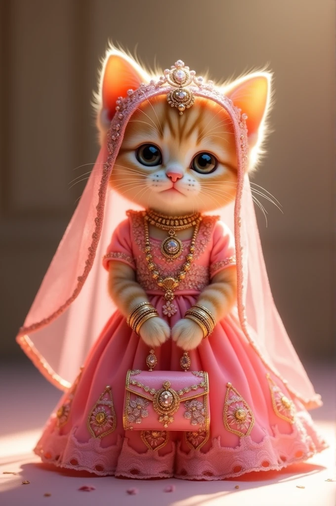 Small choti si yellow baby cat pink color ki dress pahani Hui bridal dress mein hath mein bag pair mein shoes sar per dupatta jewellery pahne hue Sundar si cat baby cat
