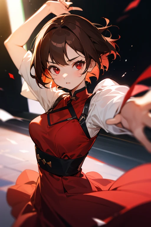 ((masterpiece, best quality)), (1girl), (solo), (female focus), (ahoge, blonde amd black hair, short hair), fire eyes, light smile, open mouth, ((torn skirt), (( red skirt)), standing, water background, arms behind back, dynamic angle