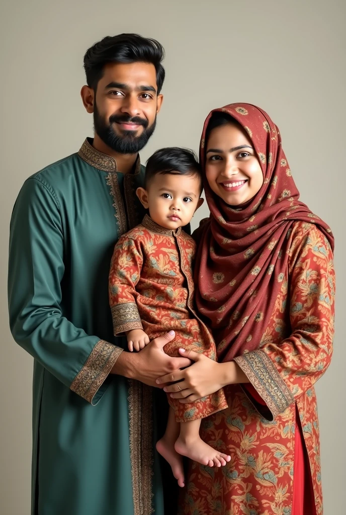 Family photo of 3 people, 2 father wearing typical Bangladesh Muslim clothes, 2 mother wearing typical Bangladesh Muslim clothes, 7 months year old girl wearing typical Bangladesh Muslim clothes