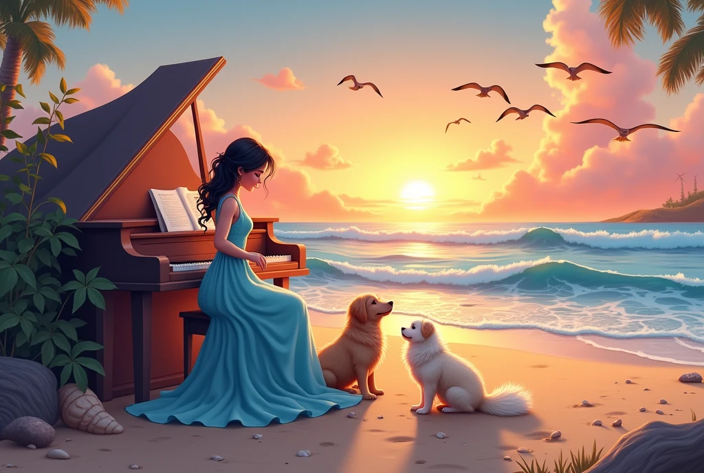 woman wearing blue dress playing piano at beach with her fluffy dog looking at her . warm and fantasy with animation style .