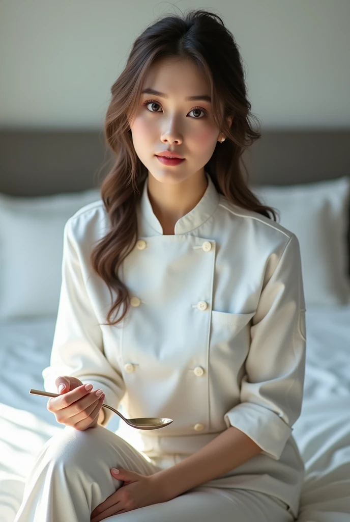 (photorealism:1.2), beautiful woman, sitting on bed, wearing chef dresh abn background is white
In hand one spoon