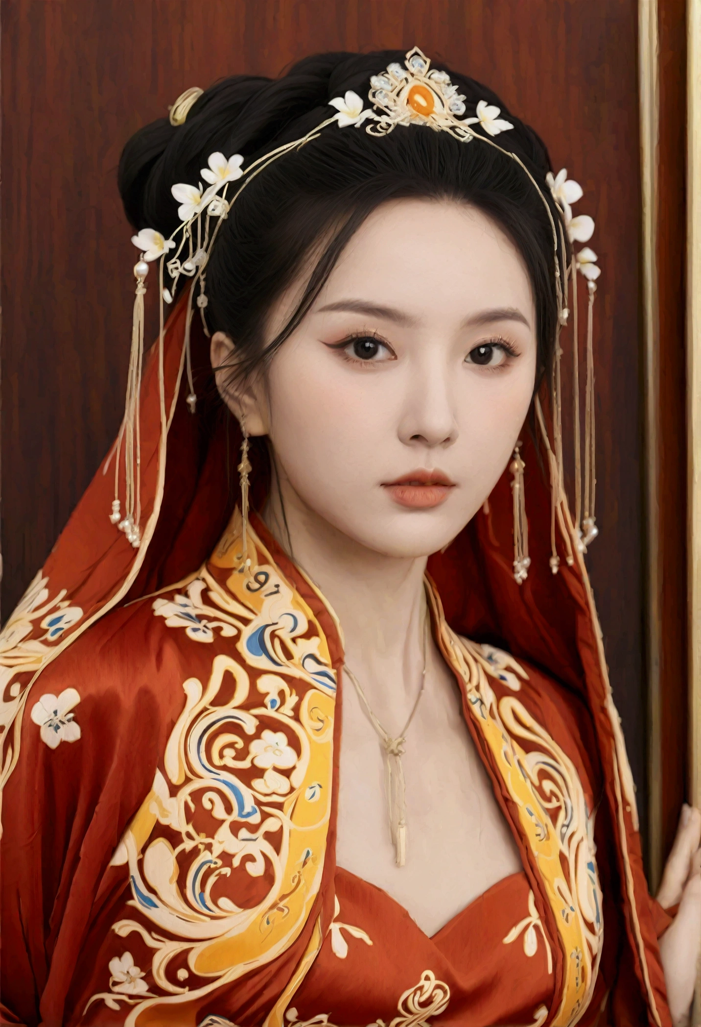 Photographic, Realistic,
Modelshoot, HD,
(Chinese girl), (Chinese model),
upper body, Eyebrows are neatly arranged,
The tip of the chin is rounded,
The forehead is wide, the protrusion is rounded, smooth and beautiful), leg, (Hanfu), queen, Cosplay photo, (huge breast), (bra), looking at viewer