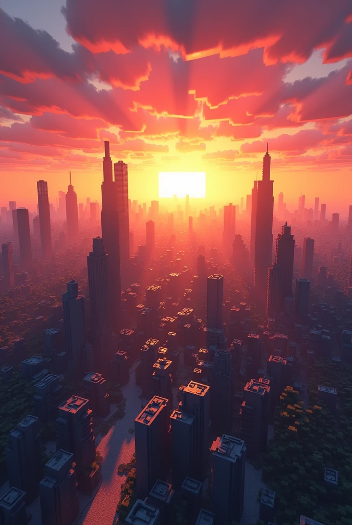 Beautiful city view at sunset in Minecraft style, horizontal view.