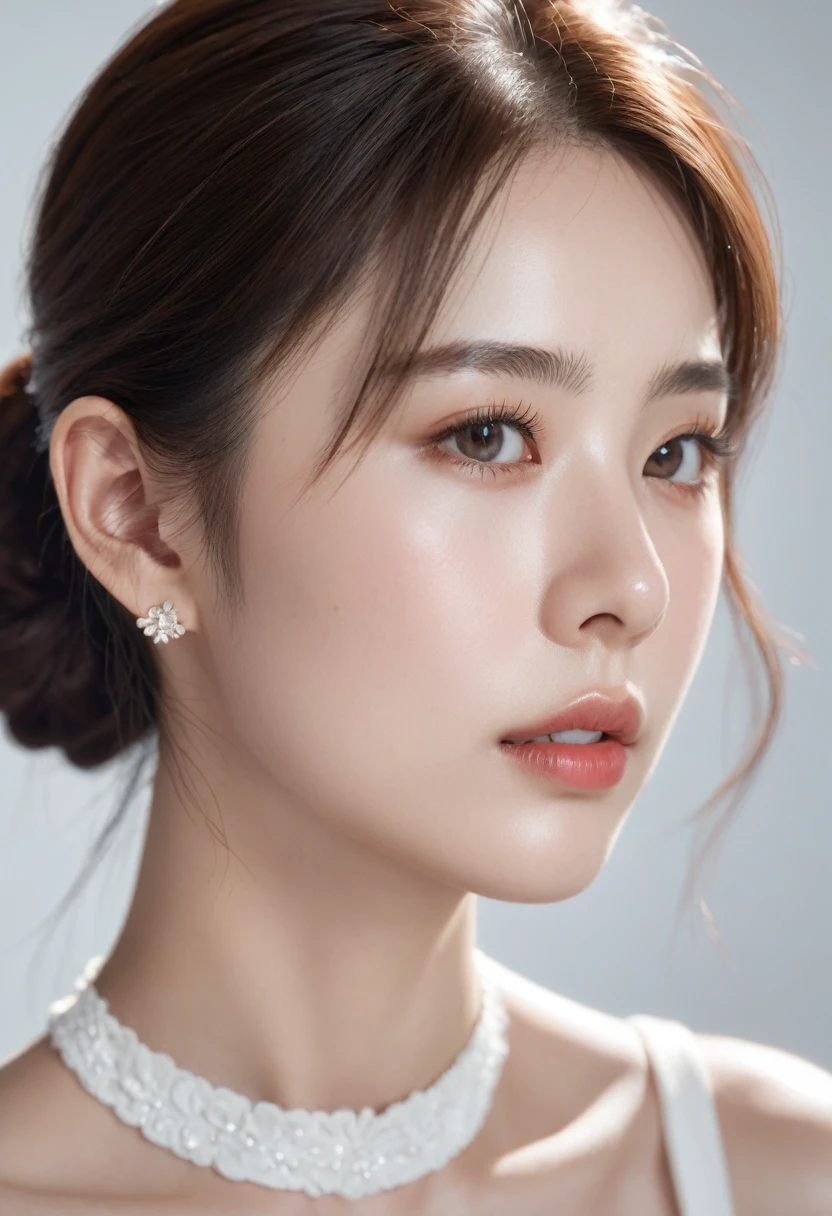 ((best quality, 8k )), Young and cute profile woman, realistic, side view, portrait, extremely realistic, very detailed, very detailed skin, high quality, white dress,very detailed skin, high quality, delicate eyes, double eyelid,
