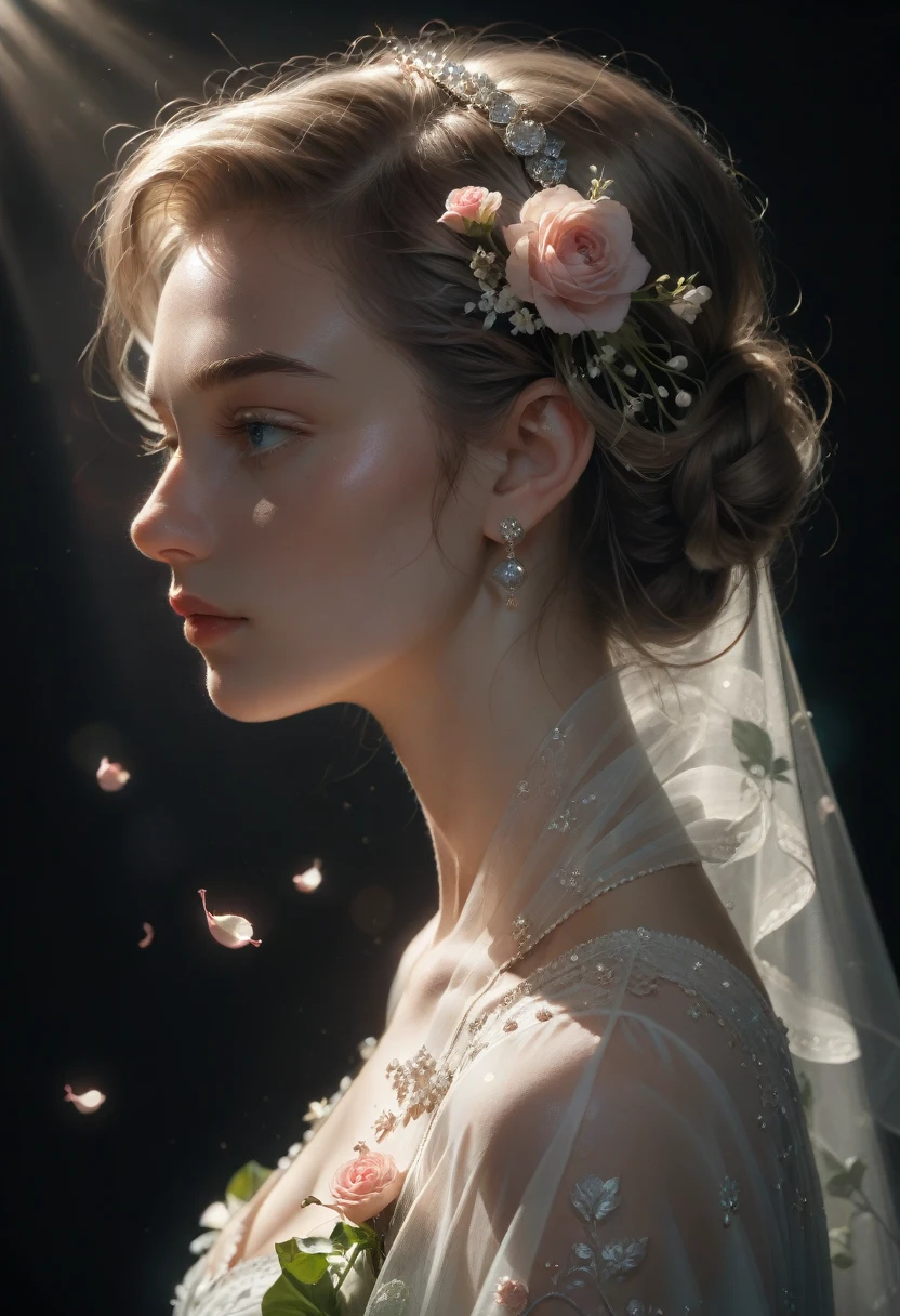 bouquet of delicate flowers Hyacinth, super transparent, holy light, beautiful spectral light, petals glow, flashing, dark background, transparent light drops, reflective light, bright, light flowing in, optics, portrait profile, sharp focus, magical, intricate, ultra realistic, fantasy, composition, light, trend in artstation, pearl, silver vapor patronus cloud, family of corrosive enveloping rays, 8k, ureal air 23v4 uplight  