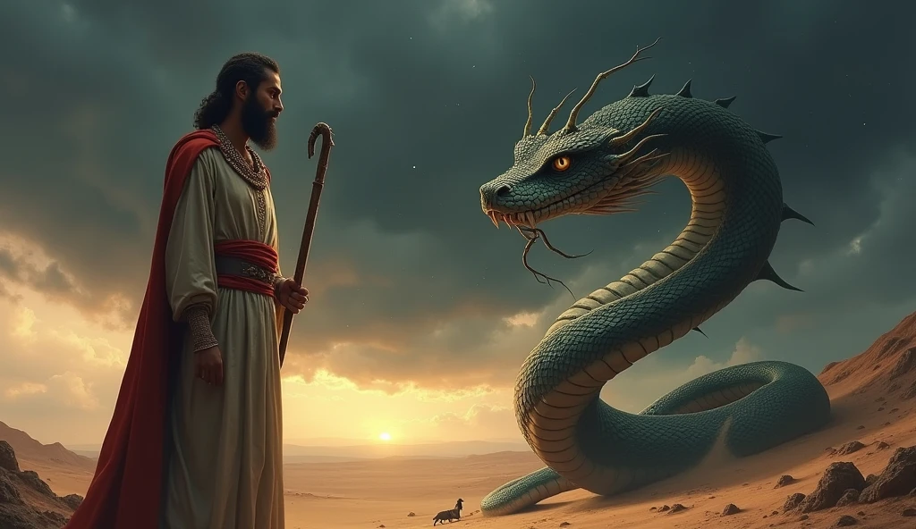 Prompt: "Create a dramatic thumbnail depicting Prophet Musa (Moses) standing with a staff in one hand. A large serpent is coiled around his neck, looking powerful and threatening. The scene should be set in a desert with a dark, stormy sky in the background. Prophet Musa should have a determined and calm expression on his face, symbolizing his faith and strength. The serpent should be detailed and imposing, with its scales reflecting a faint glow. Use a color palette that emphasizes the intensity of the moment, with strong contrasts between light and shadow."