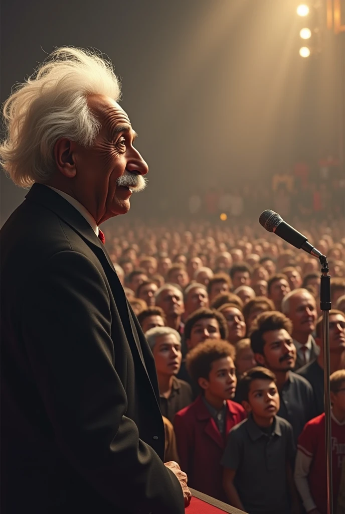 Scientist Albert Einstein stands on a stage in the middle of a large crowd and speaks in front of a microphone ।In the middle of that crowd stood a young boy listening to Einstein's speech