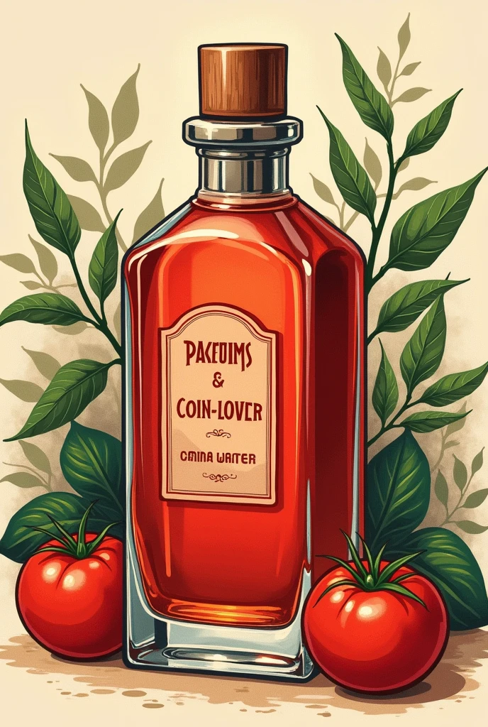 Image d’illustration vintage flacon transparent rouge de parfum inscrit dessus « Parfums Coin Coin Lovers » inscrit « eau de tomate » en arrière plan des tomates et dû basilic
