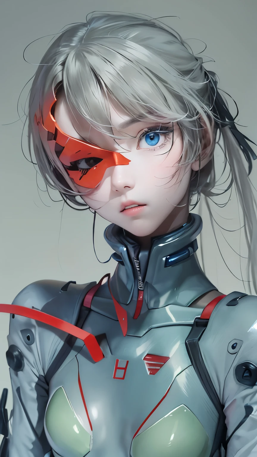 Souryuaska Langley、solo、Plug Suit 00、Evangelion、Repairing a torn plug suit with red tape、Upper Body、Close up on face、Ultra Close-Up、Slender girl、Moderate bust、