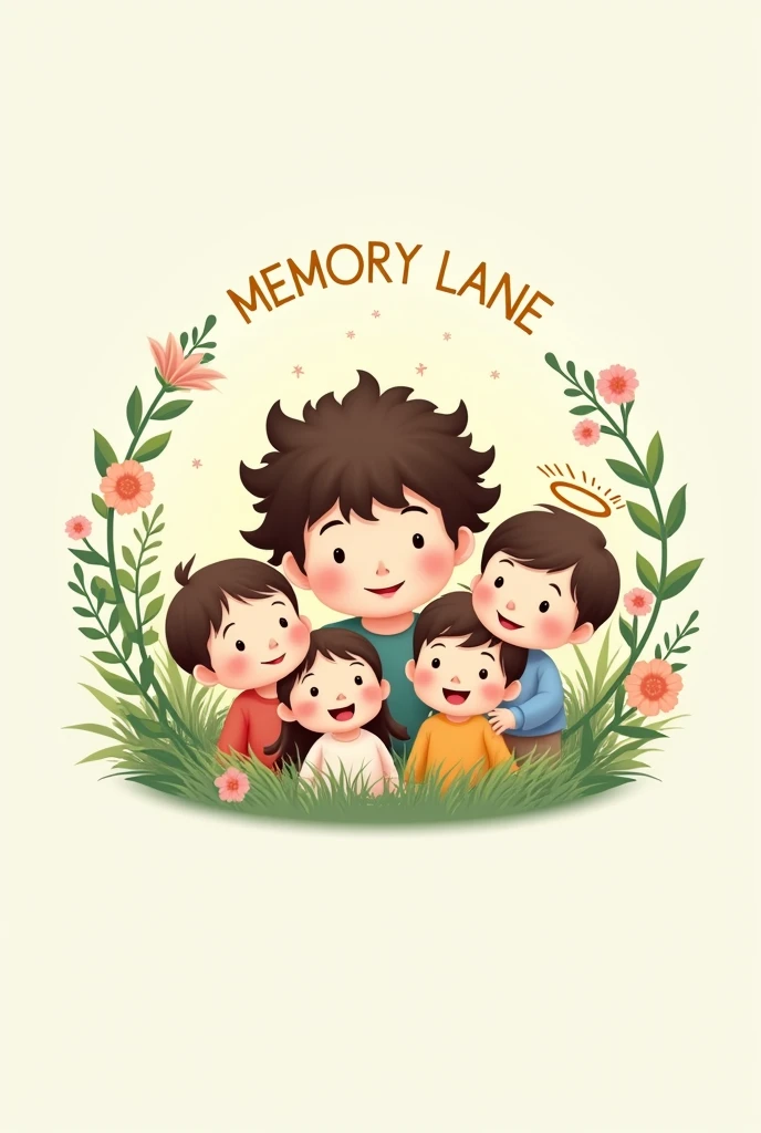 Cute aesthetic logo for memory lane souvenir shop with 5 kids boy eldest , curly hair girl second child ,   boy,  boy and baby boy with halo