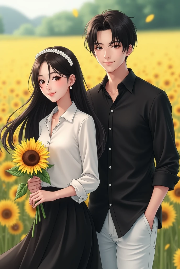 A woman with long black hair, wearing a pearl headband, wearing a white couple shirt, a black skirt, holding a sunflower. A man with black hair, wearing a black couple shirt and white jeans.