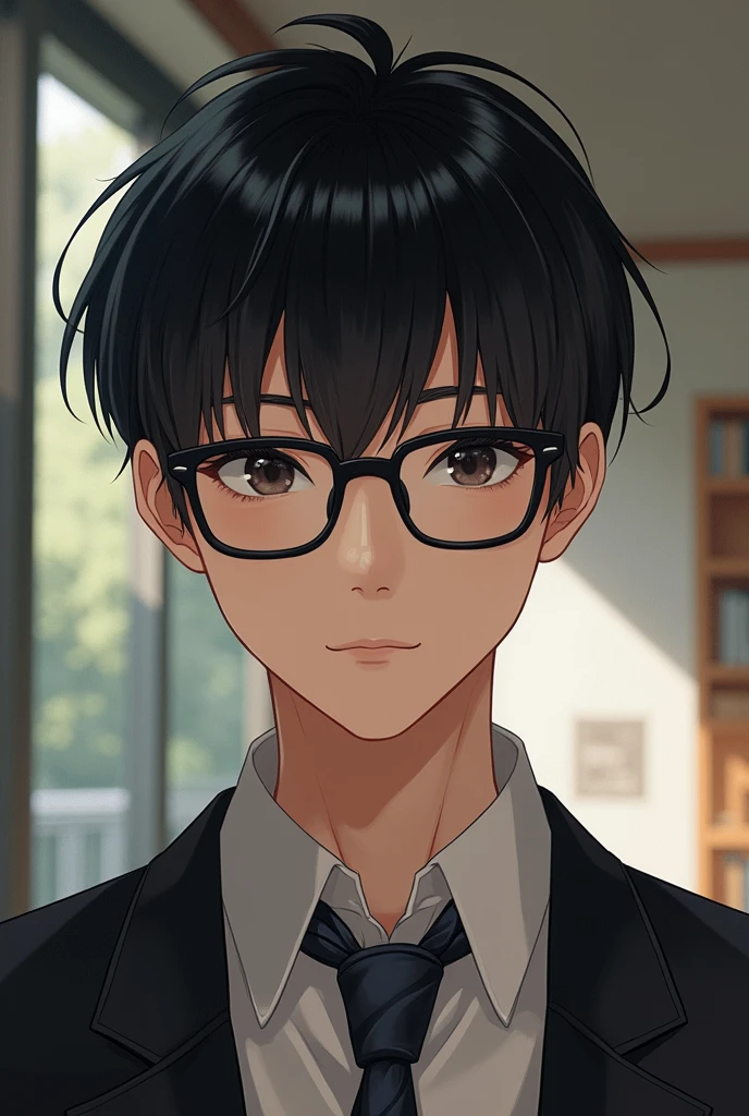 A high school boy wearing glasses, black hair, black eyes, tall, good looking, fair skin, Chinese eyes, a nerd who is good at studying, square black glasses, crew cut hair, hair covering the eyebrows, hair covering the forehead