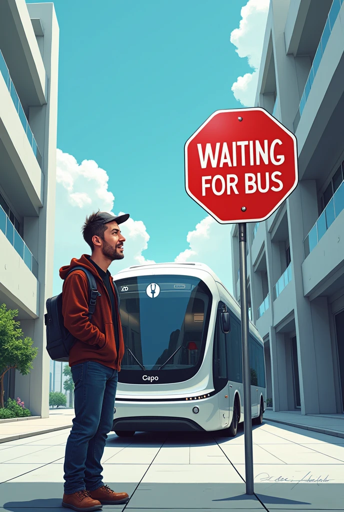 a humorous illustration of a person with a "waiting for bus" sign, futuristic self-driving electric bus, sleek modern architecture, minimalist urban landscape, vibrant colors, 4k, 8k, highres, masterpiece, ultra-detailed, realistic, photorealistic, photo-realistic, digital art, concept art, cinematic lighting, dramatic shadows, vibrant colors, dynamic composition, humorous, satirical, editorial illustration