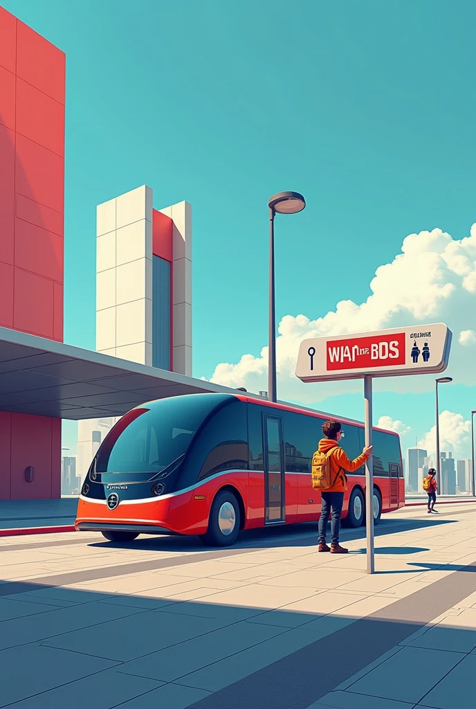 a humorous illustration of a person with a "waiting for bus" sign, futuristic self-driving electric bus, sleek modern architecture, minimalist urban landscape, vibrant colors, 4k, 8k, highres, masterpiece, ultra-detailed, realistic, photorealistic, photo-realistic, digital art, concept art, cinematic lighting, dramatic shadows, vibrant colors, dynamic composition, humorous, satirical, editorial illustration