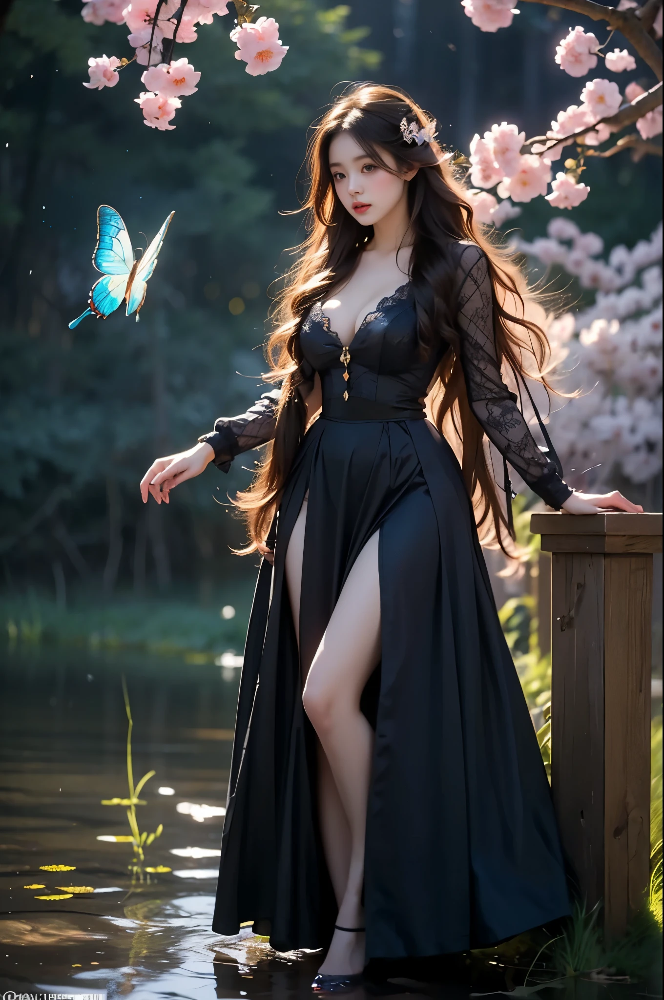 outfit-gls sweater high-waist skirt long skirt elegant posture, She gently lifted her skirt with one hand,头发周围有白色的Butterfly兰,Lilac dendrobium、White Lily, Long legs , Deep in Wonderland, ((Flowing long hair))Official Art , Unity8k Wallpaper , Extremely detailed , Visible cleavage, Pretty and beautiful , 性感Long legs, masterpiece , best quality ,Practical, Very detailed illustrations ,Extremely detailed , Intricate details , Extremely complex and detailed , Very detailed 8KCG wallpaper , Caustics .reflection , Ray Tracing , Devil theme ,nebula ,Dark aura, Network Effects , (1 girl)solitary , 小蓝Butterfly , (Blue plasma flame , (insect , Butterfly)) Pastel tones in Rococo style ,Light white and light dark red , Incredibly beautiful , Cherry blossoms , Surrealism ,painting , Ethereal , Mixing reality and fantasy elements ,Ray Tracing , Complex Mode , Exquisite lines , Perfect your hands, Starry Sky , Colorful , Star