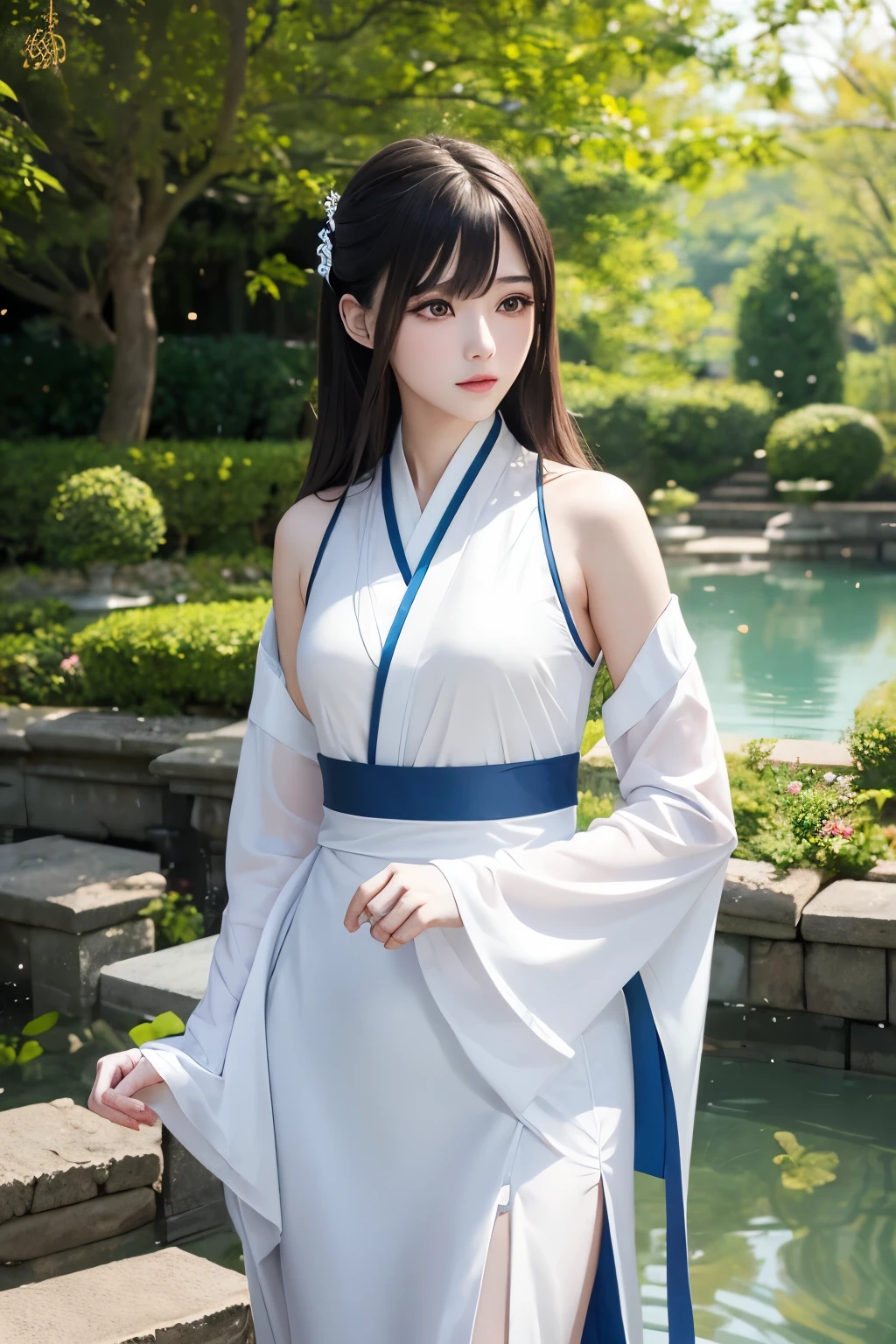 Real Stick animeStyle Realistic anime art 2.5D Woman in Hanfu White camisole-type Hanfu Game world Palace garden Trees and pond Full body style Korean beauty Beautiful woman Perfect face with Korean features Natural anime face Soft light Background soft focus Perfect reproduction Correct reproduction Correct expression Blue eyes 