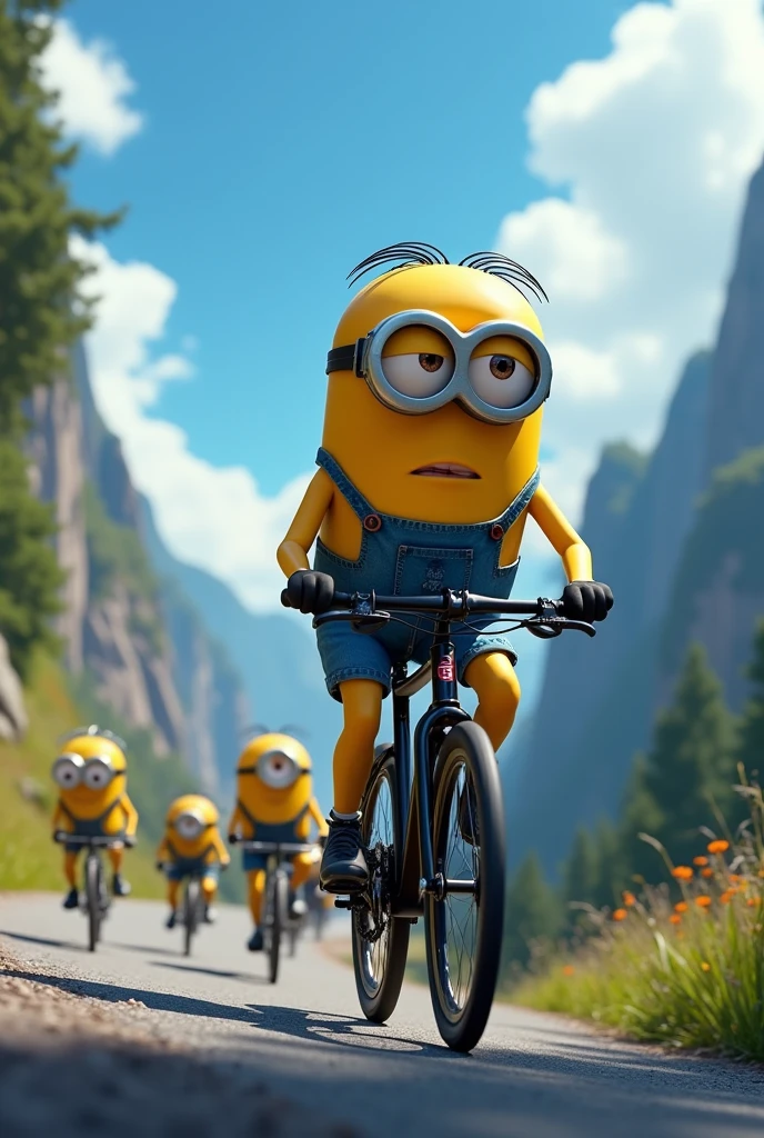 Minion Kevin black bike in bike race uphill mountain. Many other contestants run behind the Bicycle