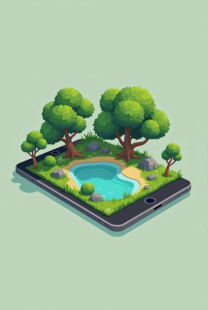 island on ipad screen, vector, 2d, flat illustration, island, tree with detail leaf, flat ipad illustration, no humans, scenery, outdoors, rock, lake, grass, bush, pond, water, day, nature, detail, no outline, (outine:-1)