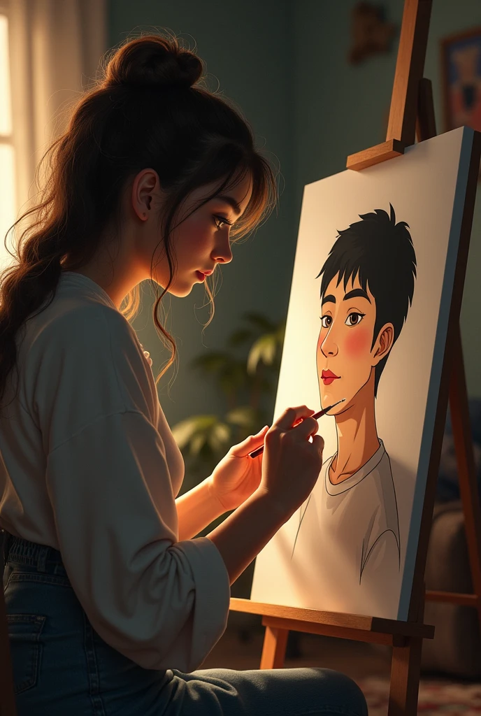 A girl (22y) drawing a boy. In room. On canvas.