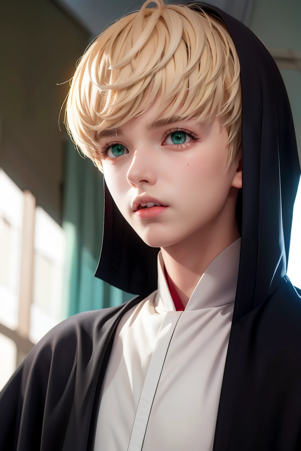 (best quality:1.1), (masterpiece:1.4), 1 teen, solo, male focus,blonde hair,short hair, green eyes, Monk uniform, black robe, black hood,close up photo