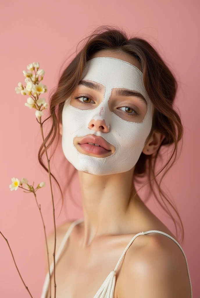 Creative and aesthetic Shoot with pink or white background of female model with props applied rice mud face mask. Use props in pictures