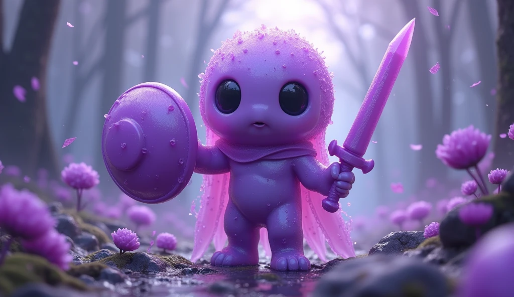 ((Highest quality)), ((masterpiece)), (detailed),Gel-like creatures、Purple、No limbs、Holds a hero&#39;s shield in one hand and a hero&#39;s sword in the other、Her face is cute、One person