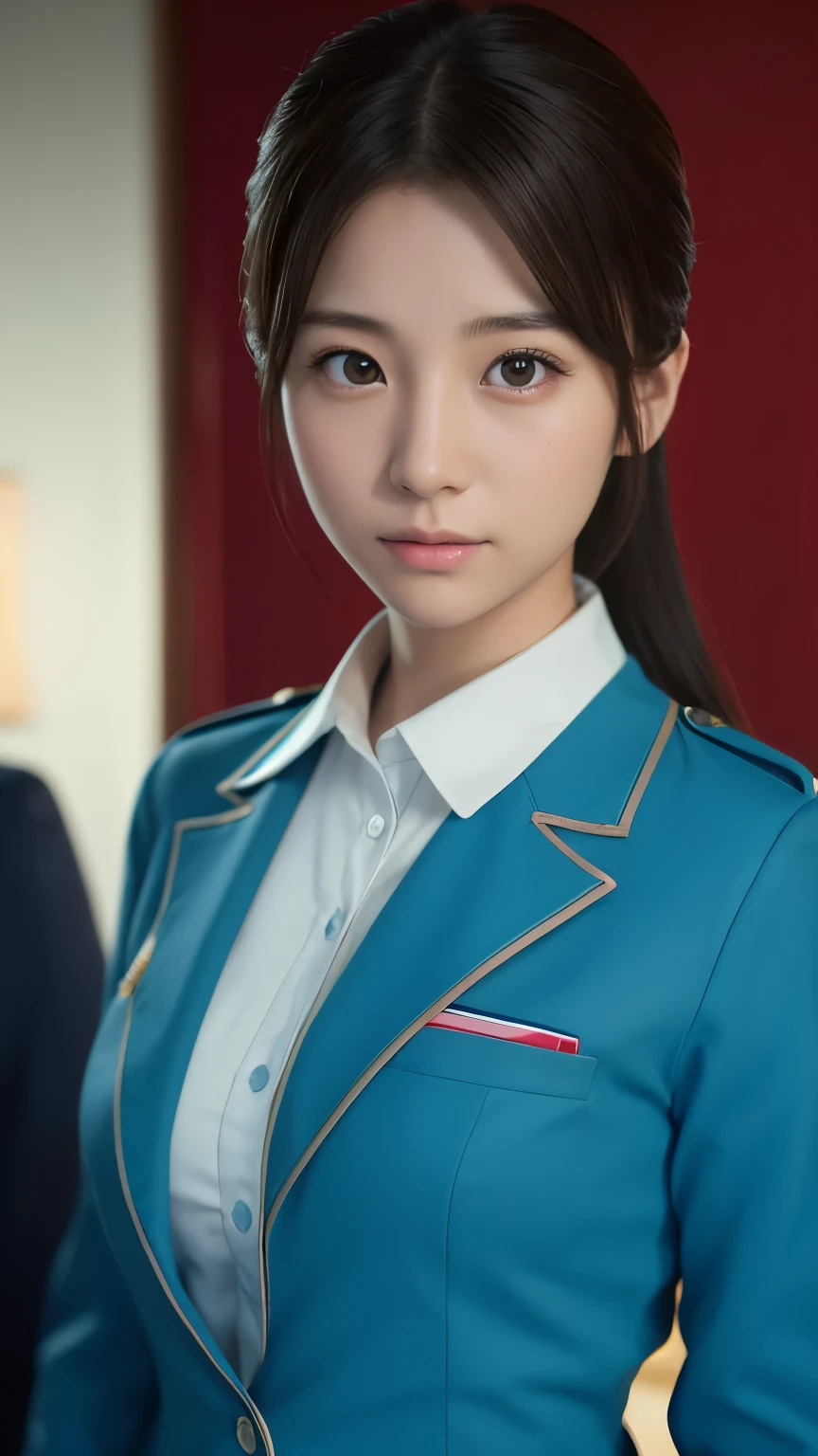 Beautiful young Japanese woman, Around 20 years old, Wearing a stewardess uniform, Very detailedな, 8k resolution, とてもRealistic, Cinema Lighting, Highest quality, masterpiece, Realistic, Physically Based Rendering, Very detailed, Vibrant colors, Professional, Sharp focus, Studio Lighting.Standing facing forward