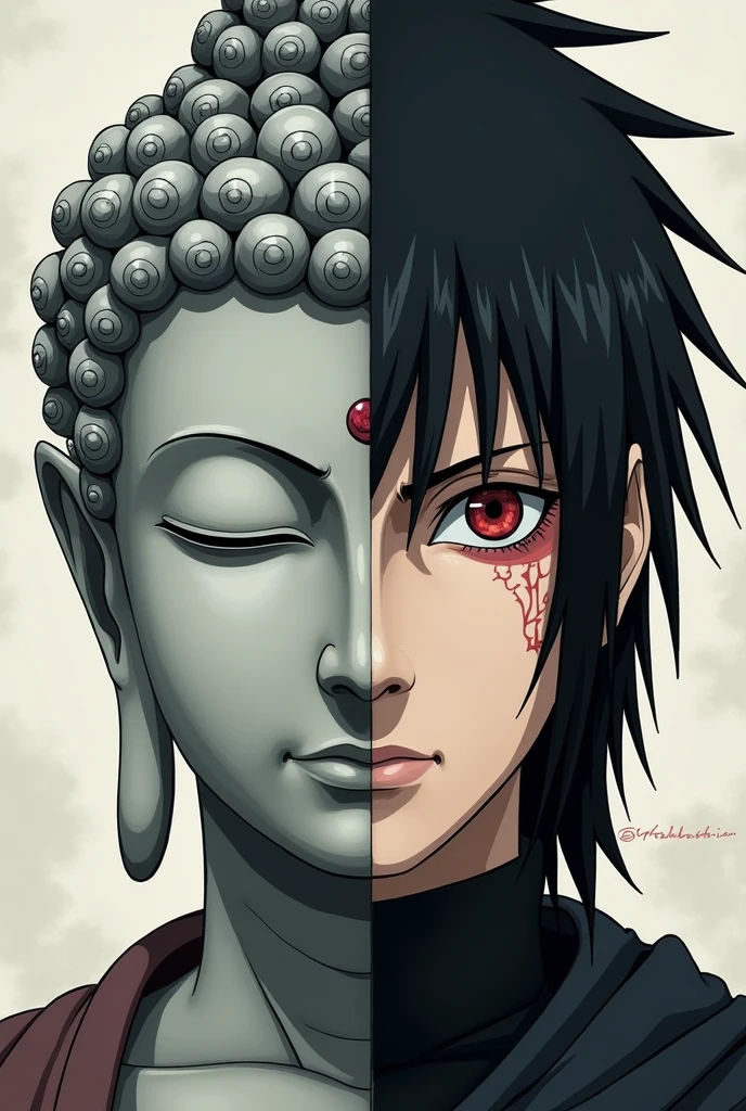 Half face Buddha and half anime Sasuke character with orachimaru cursed mark face in realistic form