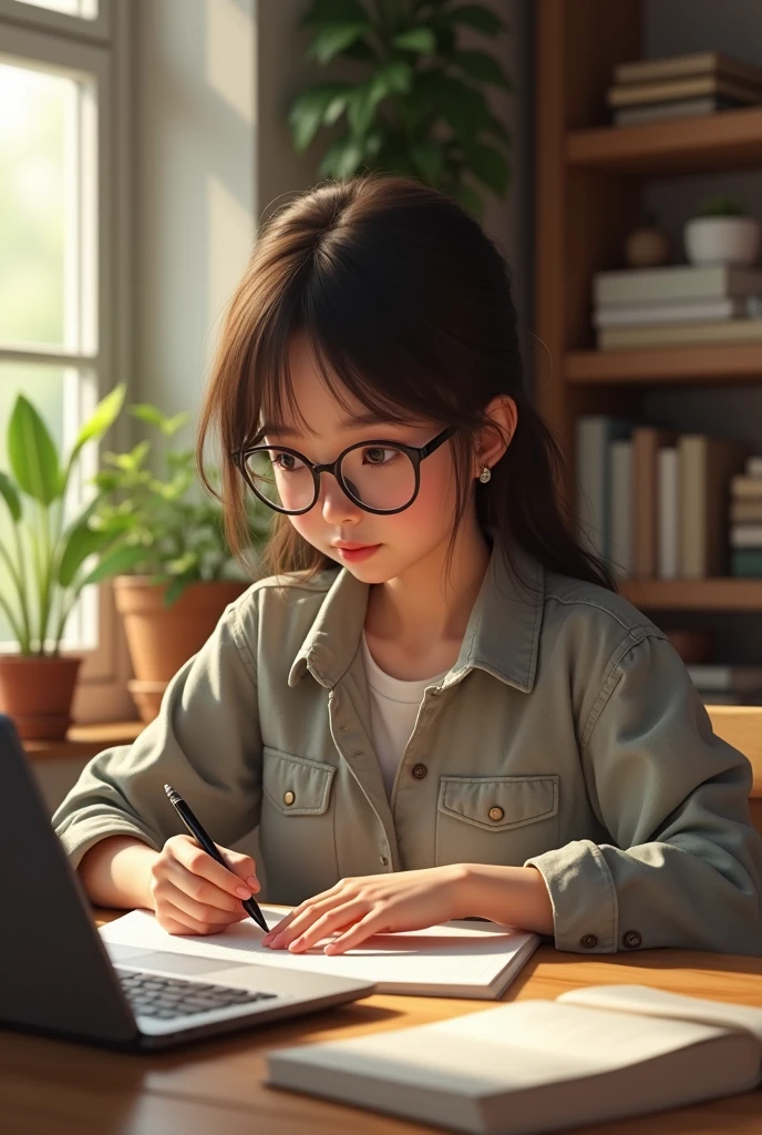 Realistic style,Young girl writer wearing glasses typing at the table。
