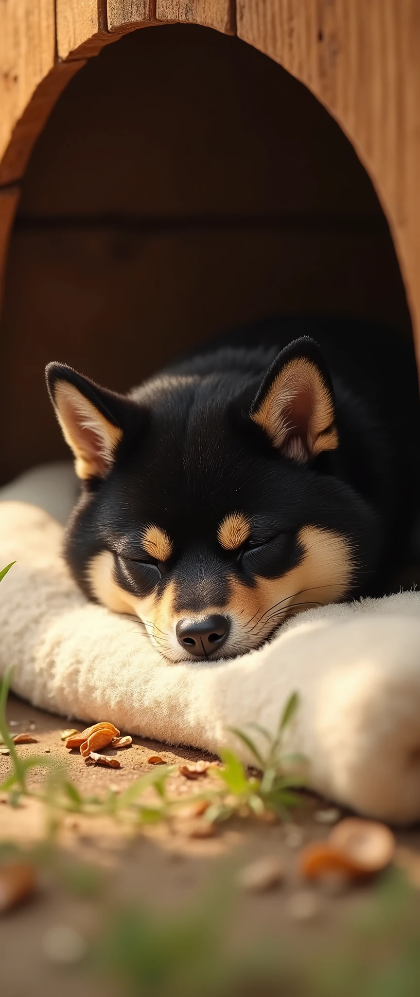 (masterpiece:1.2,Exceptional Quality,mirror-like,Cinematic Experience,Photorealistic,RAW Photos,Super detailed),8k,wallpaper,Black Shiba Inu,Veranda,taking a nap,Japan,(Very small Shiba Inu:2.0),cute,(Warm sunshine),relax,Healing