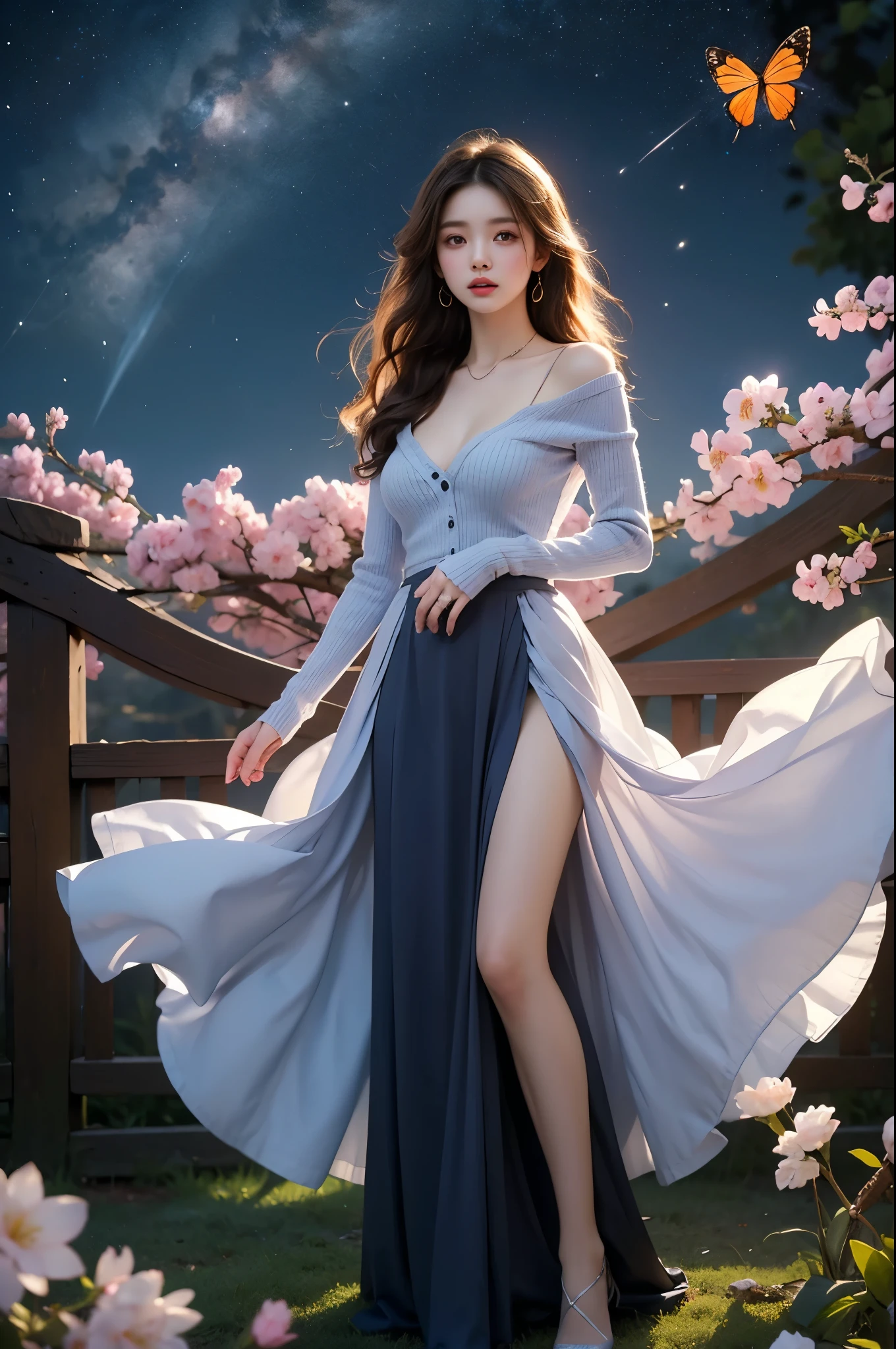 outfit-gls sweater high-waist skirt long skirt elegant posture, She gently lifted her skirt with one hand,头发周围有白色的Butterfly兰，Lilac dendrobium、White Lily, Long legs , Deep in Wonderland, ((Flowing long hair))Official Art , Unity8k Wallpaper , Extremely detailed , Visible cleavage, Pretty and beautiful , 性感Long legs, masterpiece , best quality ,Practical, Very detailed illustrations ,Extremely detailed , Intricate details , Extremely complex and detailed , Very detailed 8KCG wallpaper , Caustics .reflection , Ray Tracing , Devil theme ,nebula ,Dark aura, Network Effects , (1 girl)solitary , 小蓝Butterfly , (Blue plasma flame , (insect , Butterfly)) Pastel tones in Rococo style ,Light white and light dark red , Incredibly beautiful , Cherry blossoms , Surrealism ,painting , Ethereal , Mixing reality and fantasy elements ,Ray Tracing , Complex Mode , Exquisite lines , Perfect your hands, Starry Sky , Colorful , Star