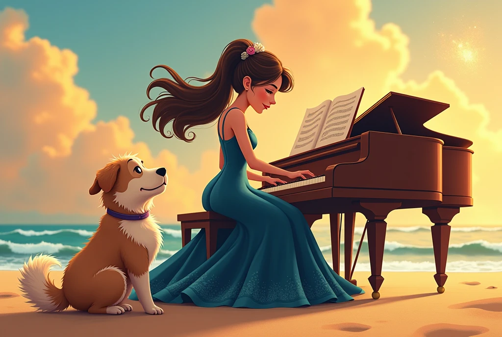 woman wearing navy blue dress playing piano at beach with her fluffy funny dog looking at her . warm and fantasy with animation style .