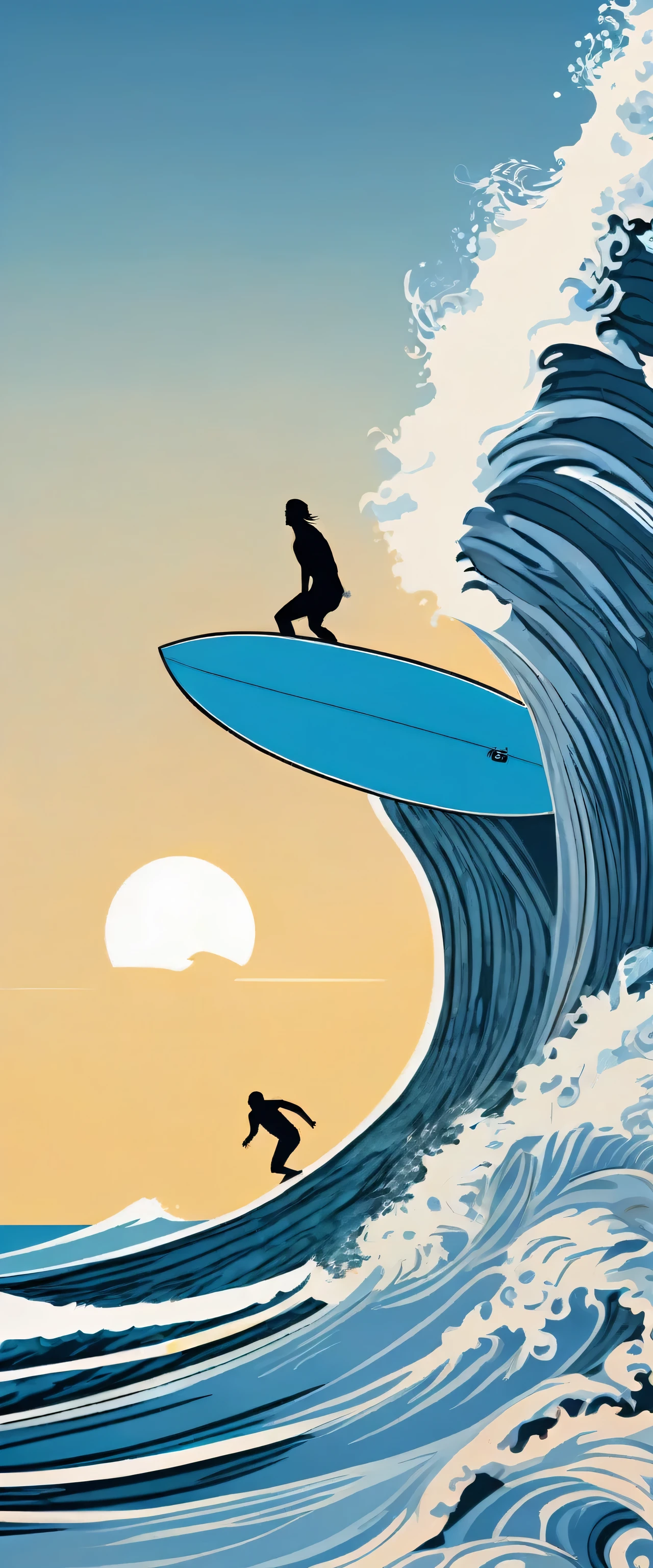 Surfer in the style of illusory wallpaper portraits, intricate woodcut designs, close-up, sandro botticelli, detailed skies, street art influences, close-up intensity