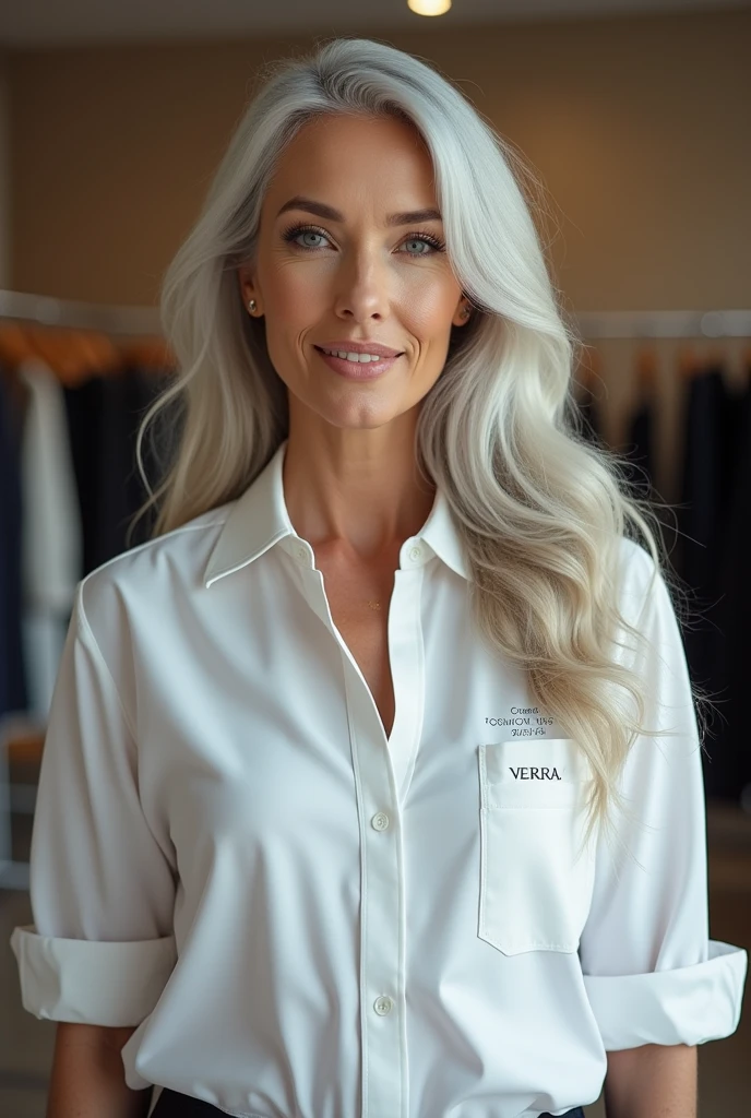 Fashion stylist for men and women aged 1, uniform, VERRAS brand polo t-shirt, white shirt, elegant long light gray hair, front view, working landscape at VERRAS fashion SHOP