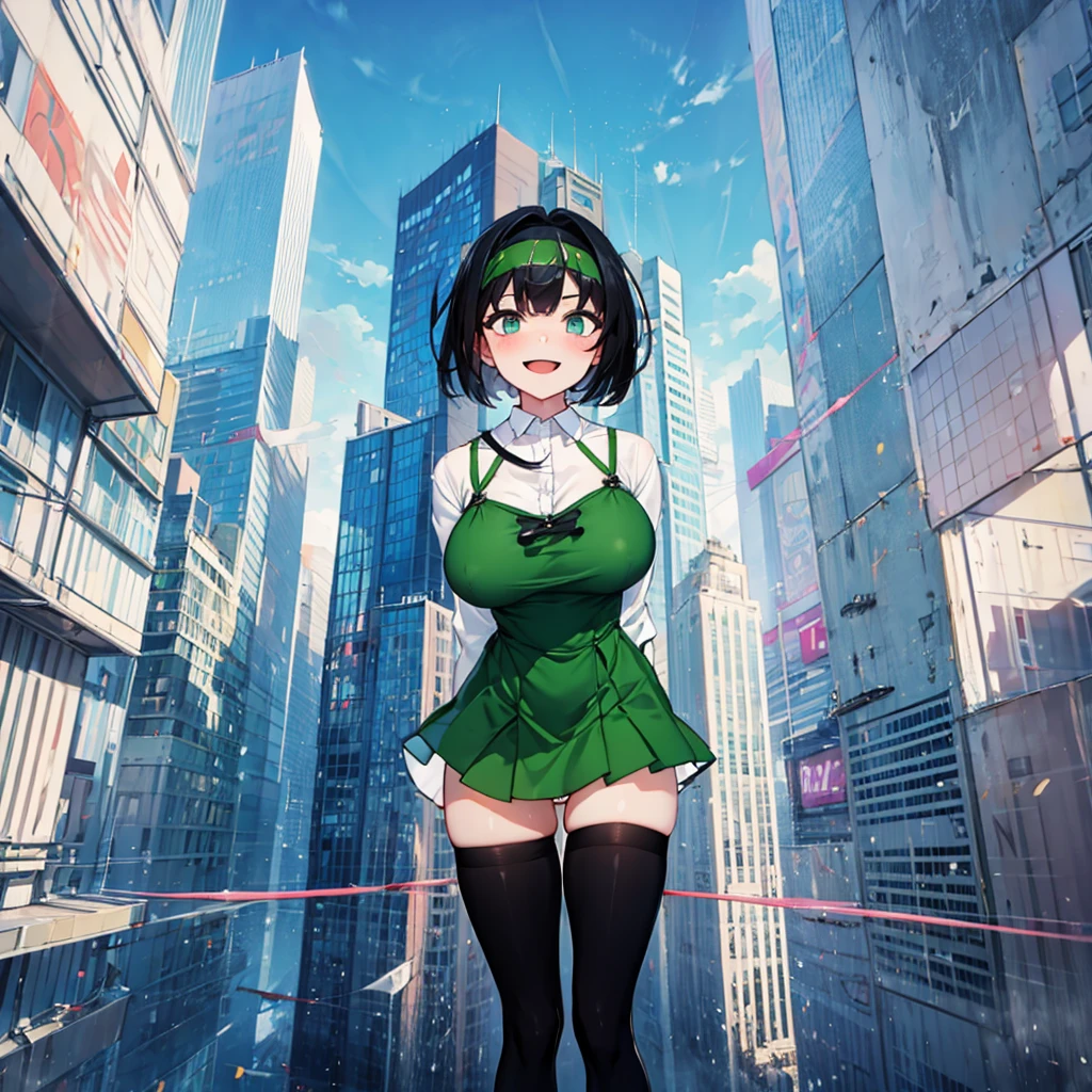 (solo), (1 skinny girl standing), arms behind back, swaying back, (tight-fit black thighhighs), collarbone, BREAK, (yellow hairband), green dress with shoulder straps, (white shirts under dress), glass-walled skyscrapers in distance, BREAK, (long skinny legs), huge breasts, BREAK, (forced smile:1.3), (dripping tires:1.3), (disappeared), open mouth, orgasm, nsfw, pussy juice dripping down between thighs