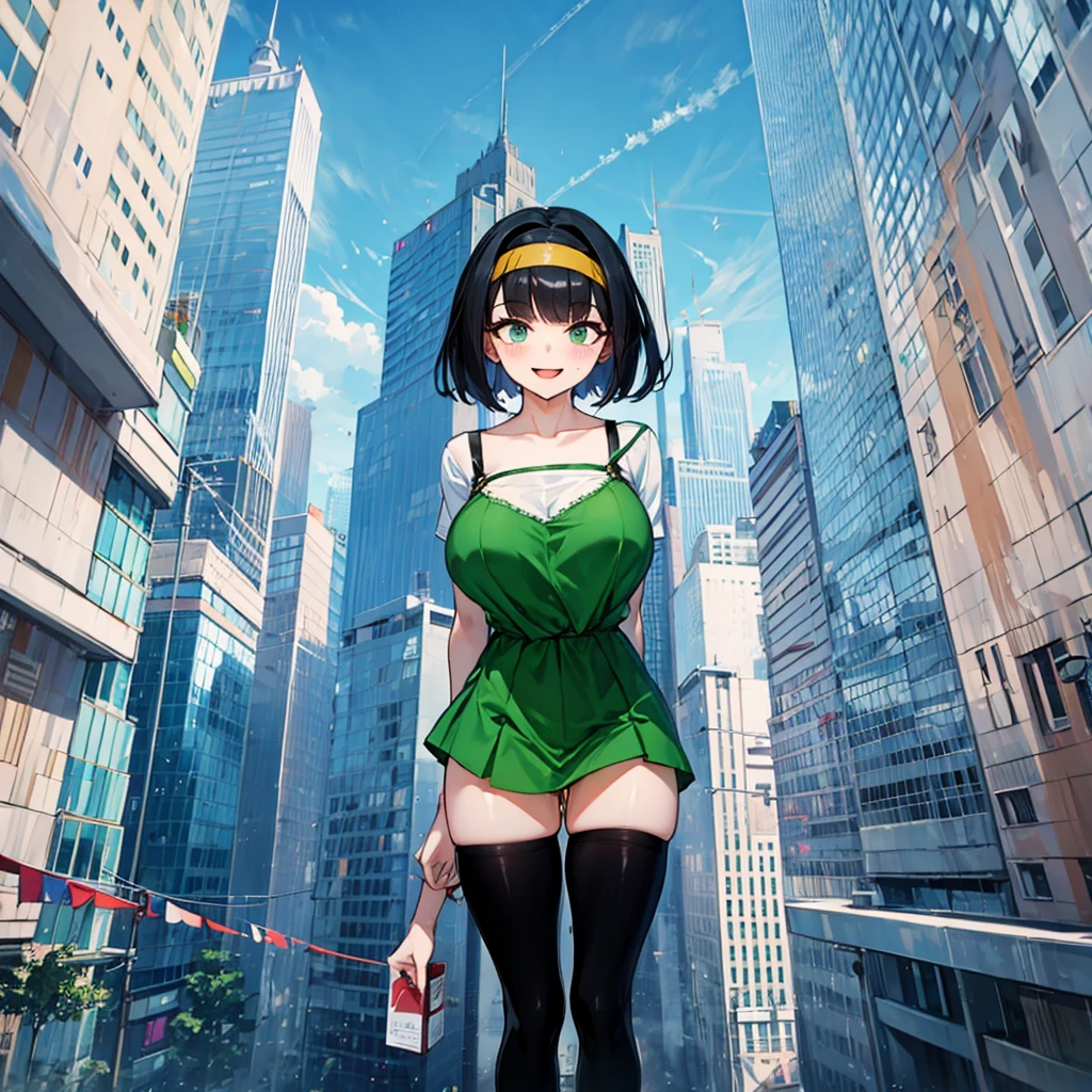 (solo), (1 skinny girl standing), arms behind back, swaying back, (tight-fit black thighhighs), collarbone, BREAK, (yellow hairband), green dress with shoulder straps, (white shirts under dress), glass-walled skyscrapers in distance, BREAK, (long skinny legs), huge breasts, BREAK, (forced smile:1.3), (dripping tires:1.3), (disappeared), open mouth, orgasm, nsfw, pussy juice dripping down between thighs