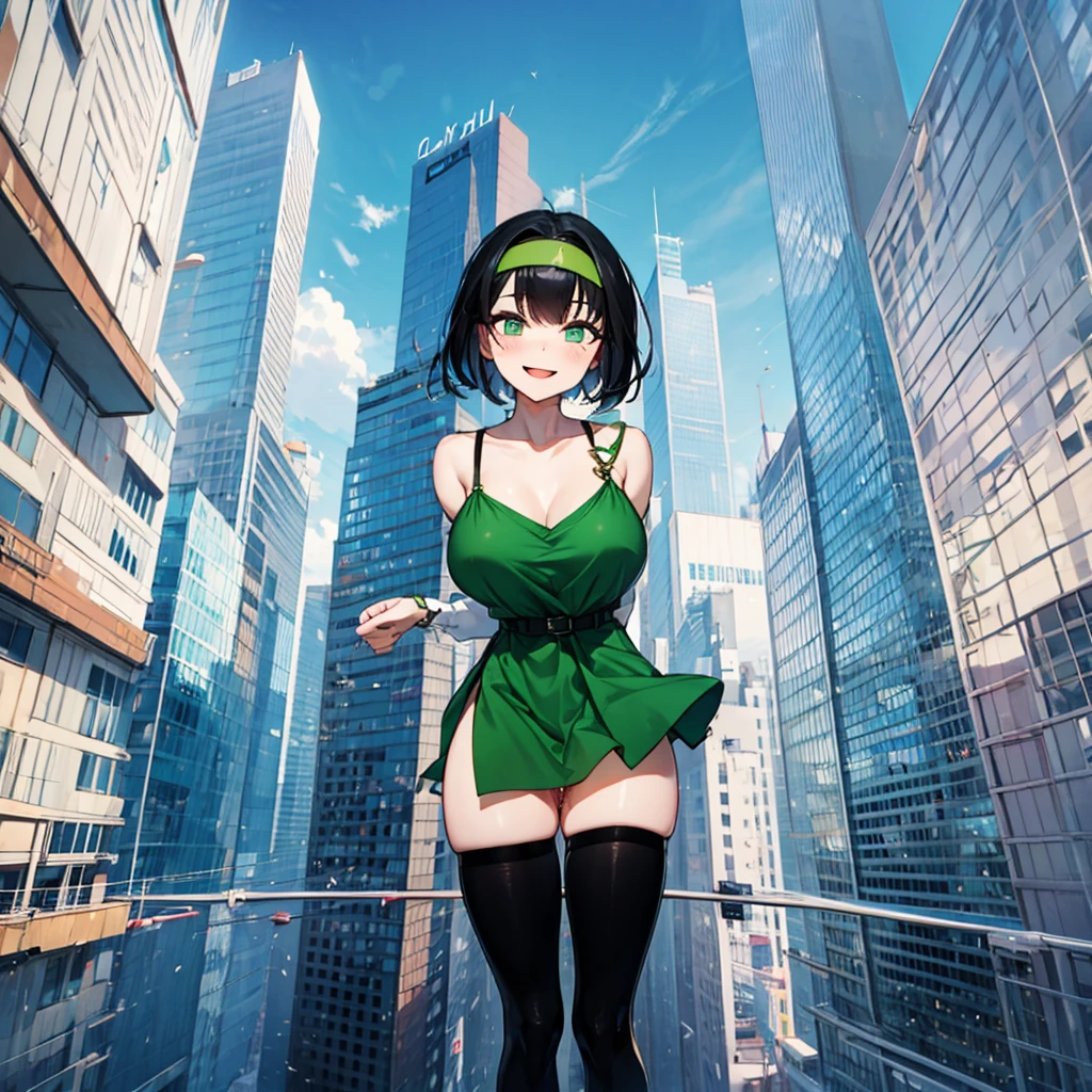(solo), (1 skinny girl standing), arms behind back, swaying back, (tight-fit black thighhighs), collarbone, BREAK, (yellow hairband), green dress with shoulder straps, (white shirts under dress), glass-walled skyscrapers in distance, BREAK, (long skinny legs), huge breasts, BREAK, (forced smile:1.3), (dripping tires:1.3), (disappeared), open mouth, orgasm, nsfw, pussy juice dripping down between thighs